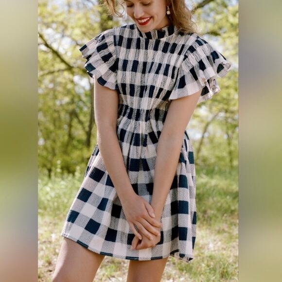Sea New York Dresses & Skirts - Sea NY Morgan Buffalo Plaid Smocked Tunic Dress Sz M Blue Womens Ruffles Pockets